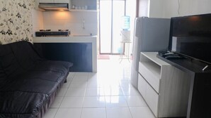 A compact living space with a sofa, kitchenette, and a flat-screen TV.