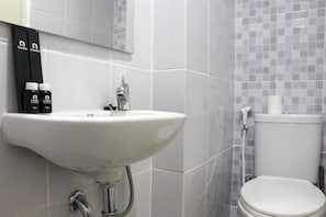 A bathroom with a white sink, a mirror, and a toilet.