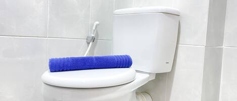 A toilet with a blue cleaning brush and a white toilet paper holder.