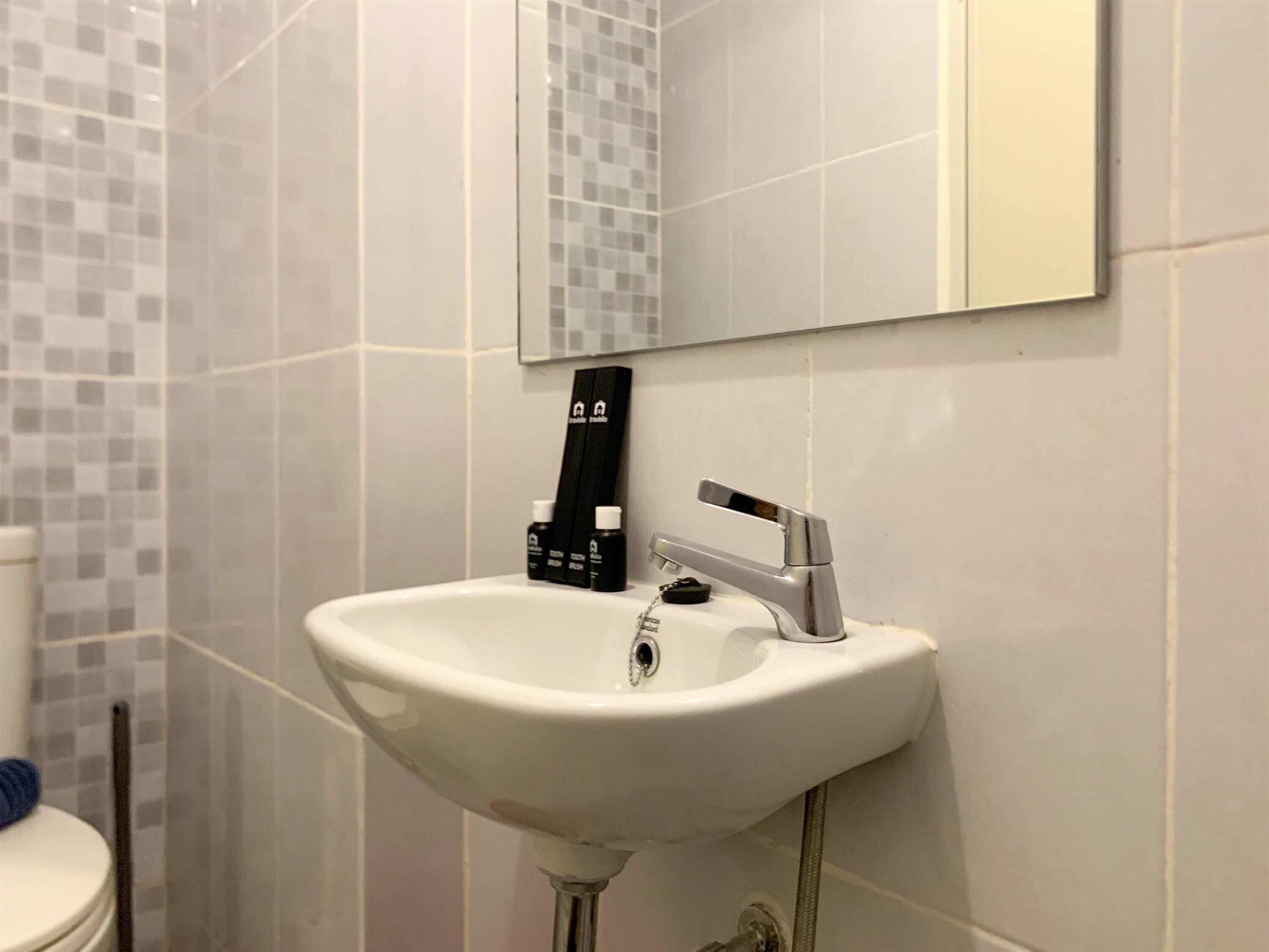 A bathroom with a white sink, a mirror, and a toilet.