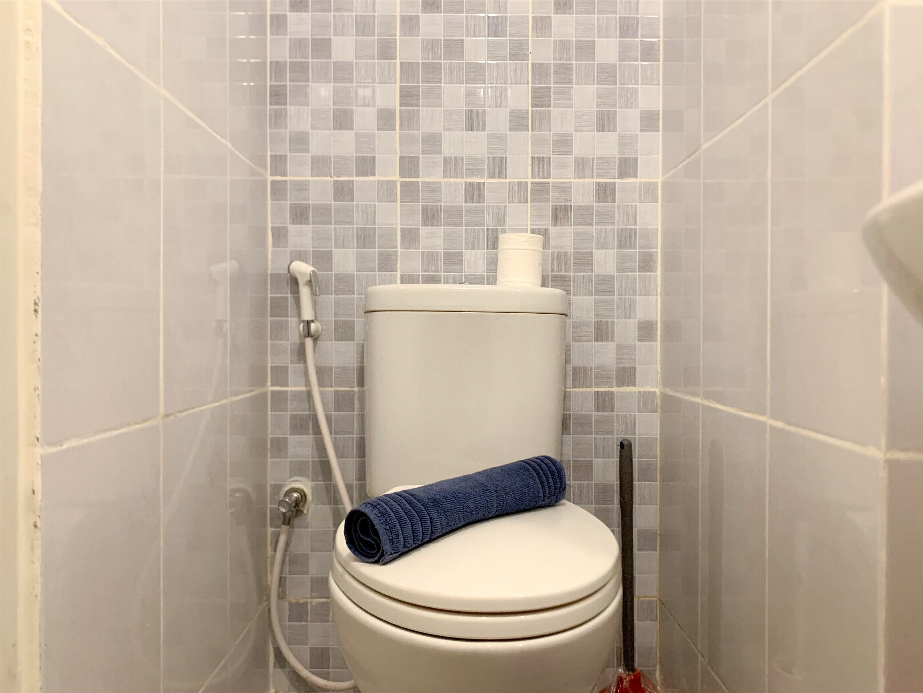 Une salle de bain avec des toilettes, une douche et des murs carrelés.