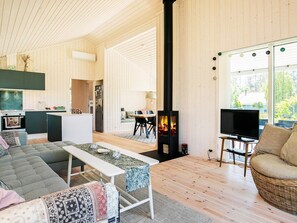 A modern living room with a sofa, a television, a fireplace, and a kitchen area with wooden walls and a large window. - 5 Star Holiday Home in Hals (Hals)