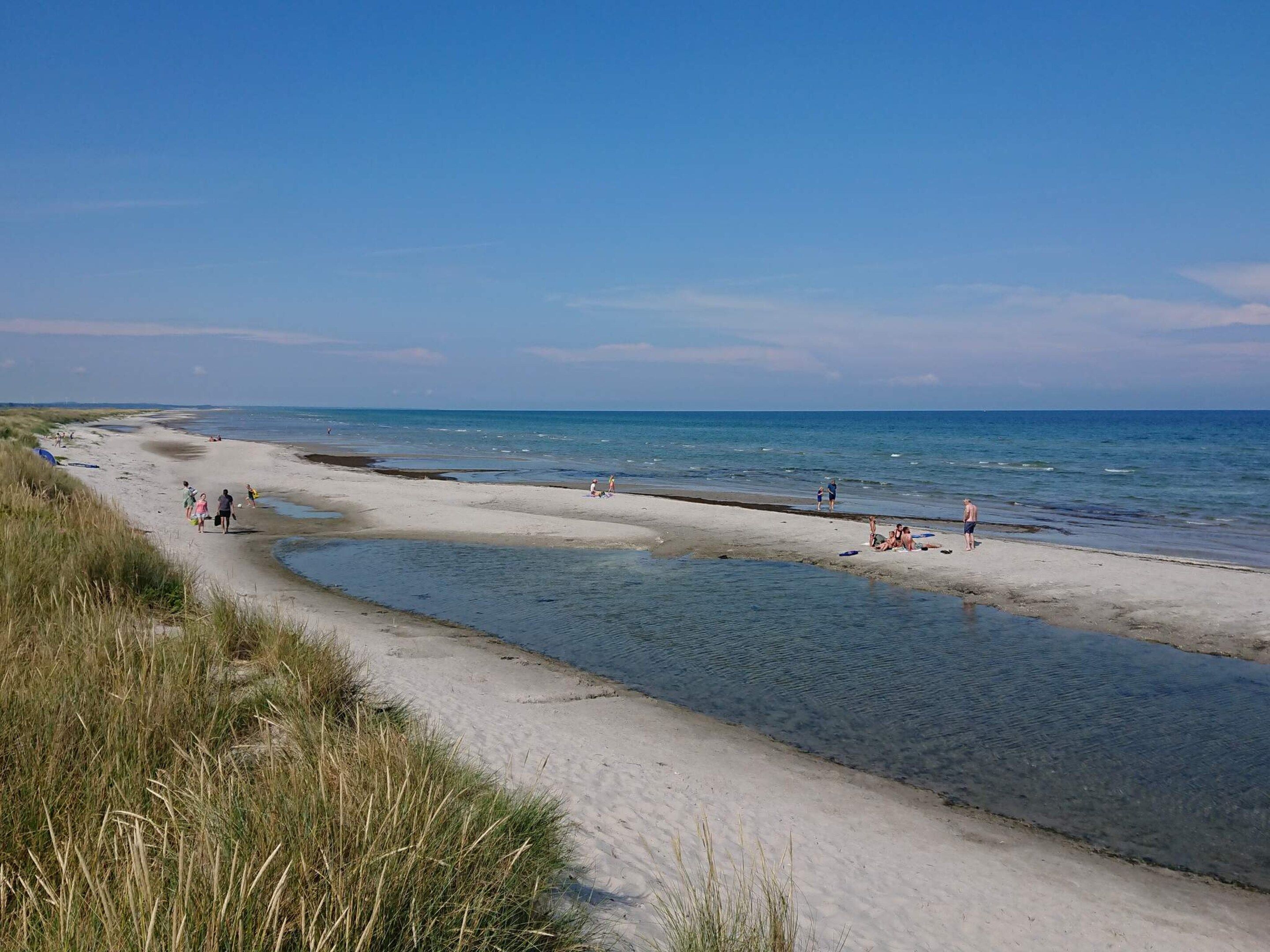 A beach with clear skies, a sandy shore, and people enjoying the water.