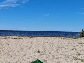 Uma praia com águas azul-claras, uma faixa de areia e um objeto verde na areia.