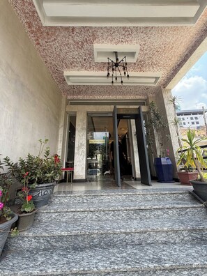 A hotel entrance with a marble staircase, a chandelier, and potted plants. - Sun View Hotel (Addis Ababa)