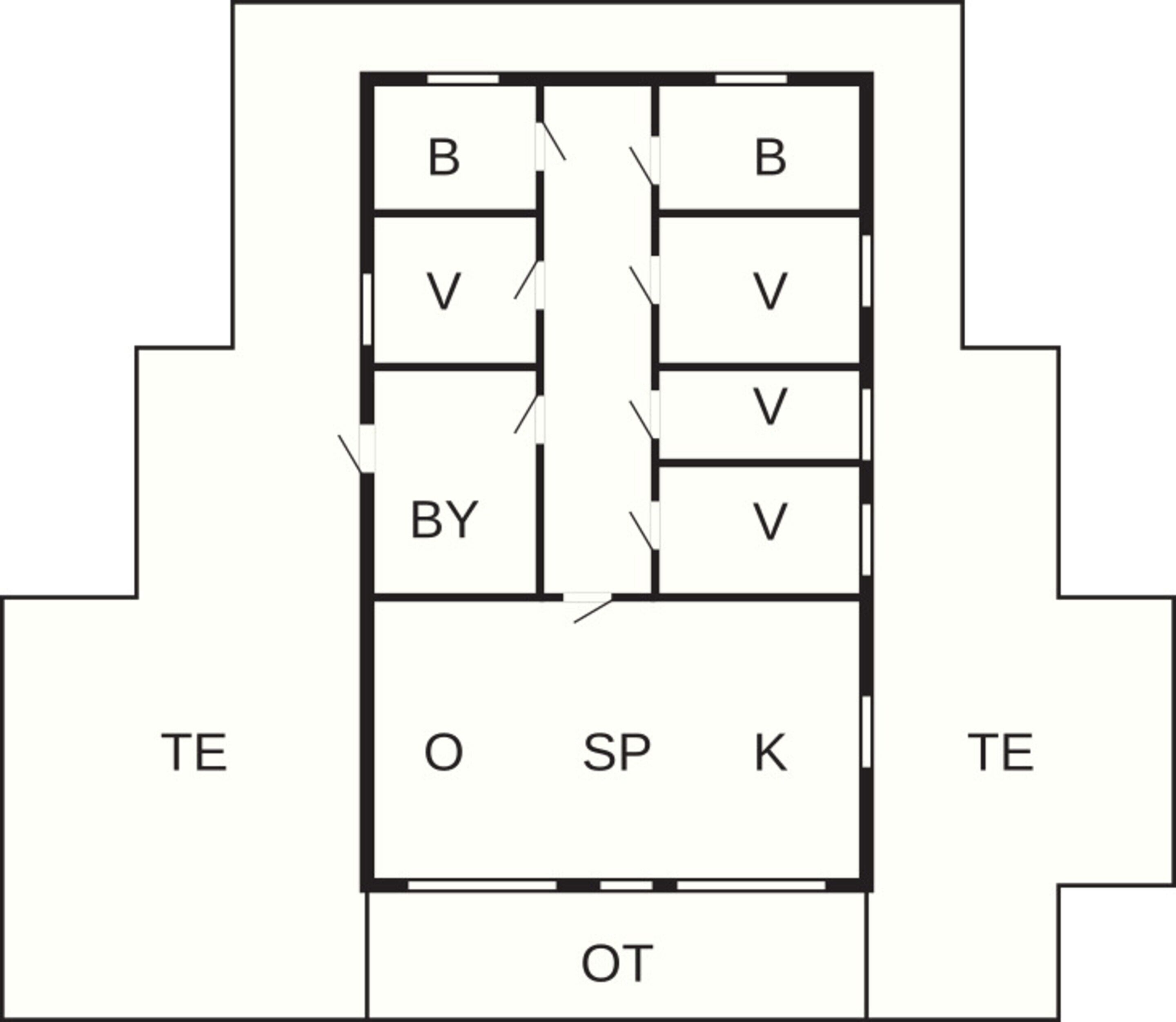 Een plattegrond van een hotel met twee 'B'-kamers, drie 'V'-kamers, één 'BY'-kamer en een centrale 'O'-kamer.