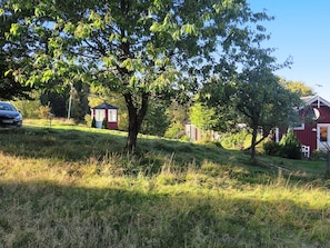 A rural landscape with a red barn, a small wooden structure, and a tree.