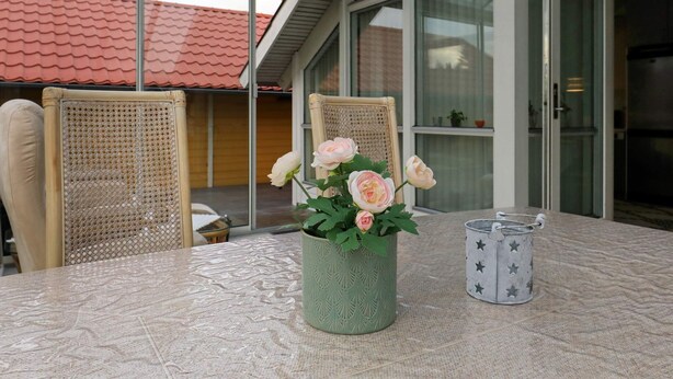 A conservatory with a table, chairs, and a potted plant with flowers.