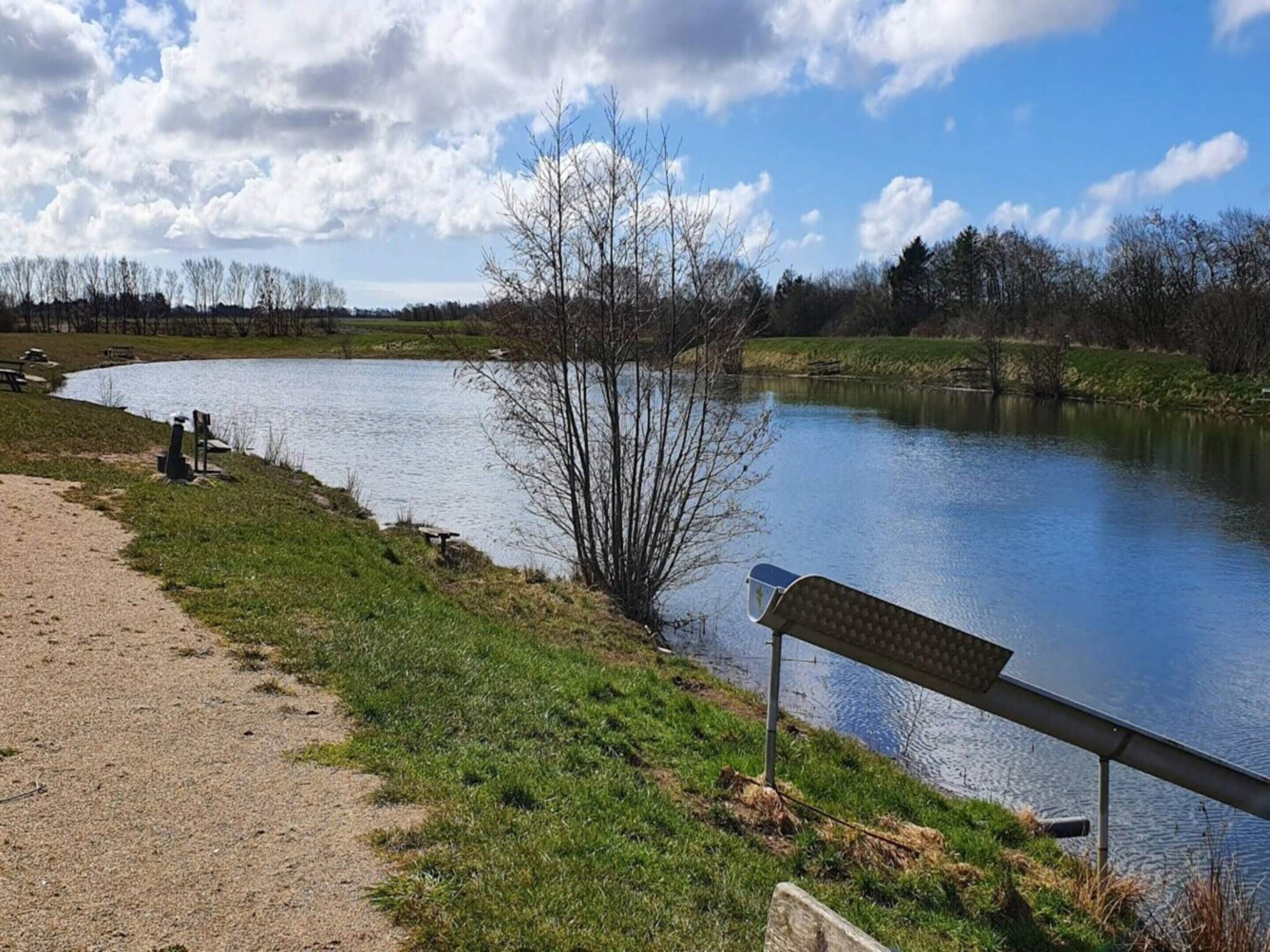 A riverside path with a bench and picnic tables, surrounded by grassy areas and trees.