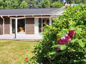 A building with a covered porch and a garden with pink flowers. - 4 Star Holiday Home in Laeso (Læsø)