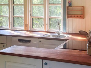 Une cuisine équipée d’un évier, d’un plan de travail en bois et d’une fenêtre donnant sur un paysage verdoyant.