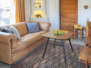 A cozy living room with a brown leather sofa, a patterned rug, and a table with a fruit bowl. - 6 Person Holiday Home in Solvesborg (Sölvesborg)