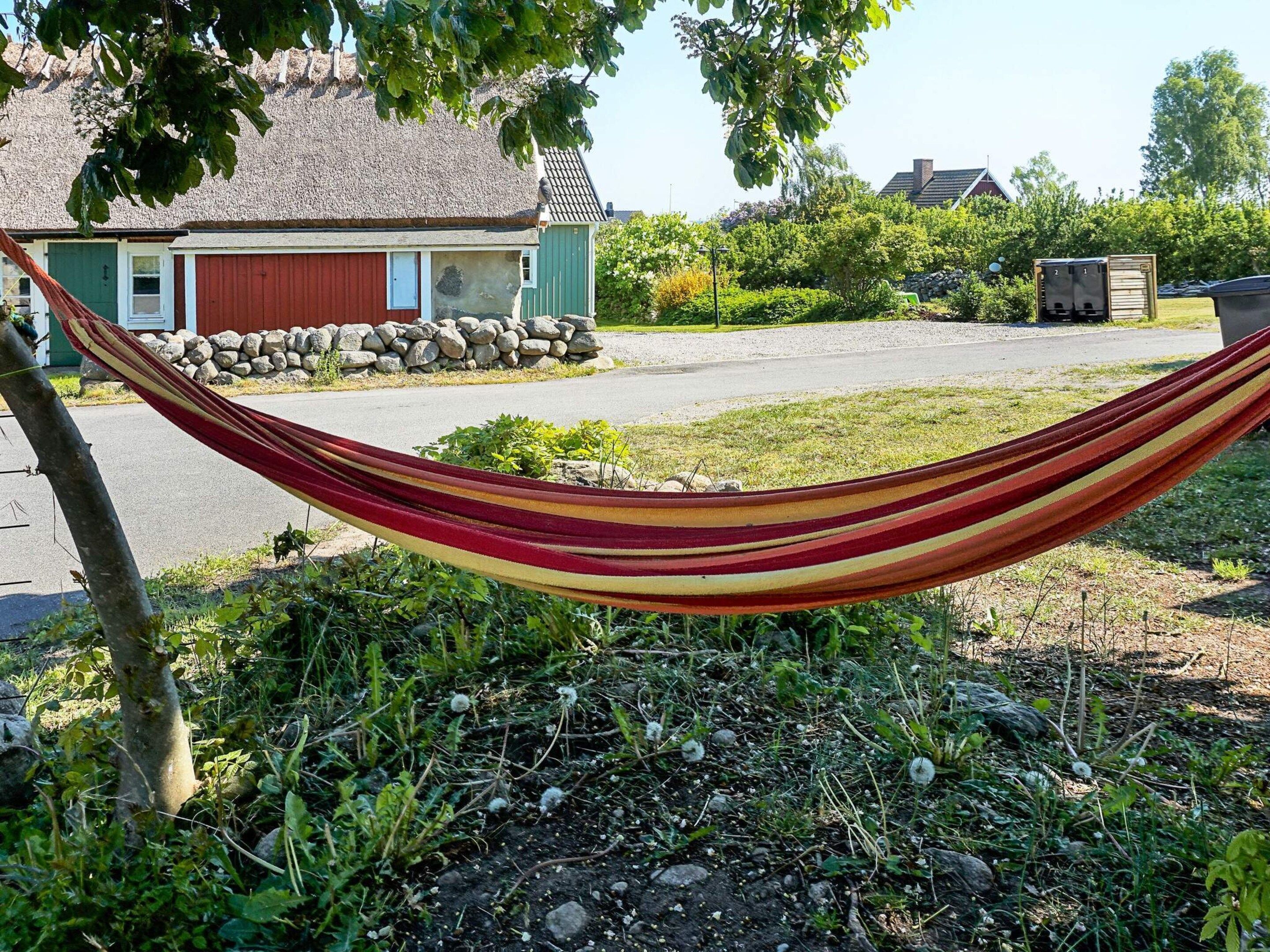 A hammock tied between two trees in a residential area with a house and a stone wall in the background.