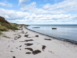 A beach with a sandy path leading to the water, a clear sky, and some vegetation on the left. - 5 Star Holiday Home in Vaeggerlose (Vaeggerlose)