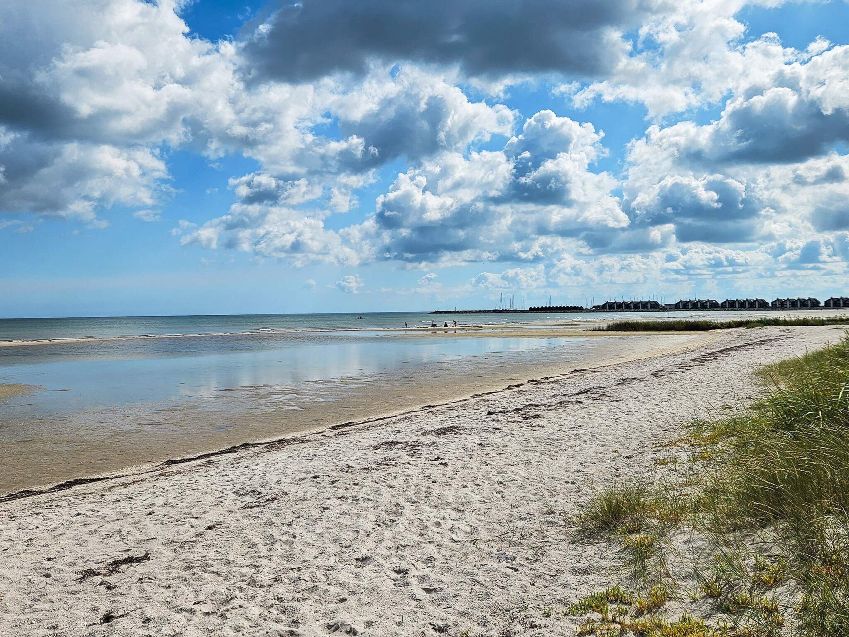 Ein Strand mit weitem Sandstrand, ruhiger See und bewölktem Himmel.