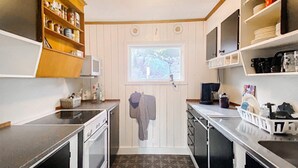 Kompakti keittiö, jossa on mikroaaltouuni, liesi ja erilaisia säilytystiloja.