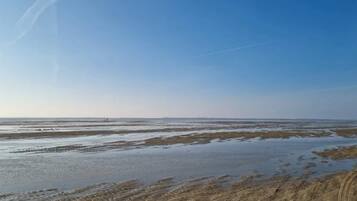 A coastal landscape with a sandy beach and a clear sky.
