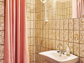 Une salle de bain avec un lavabo, un miroir et une douche.