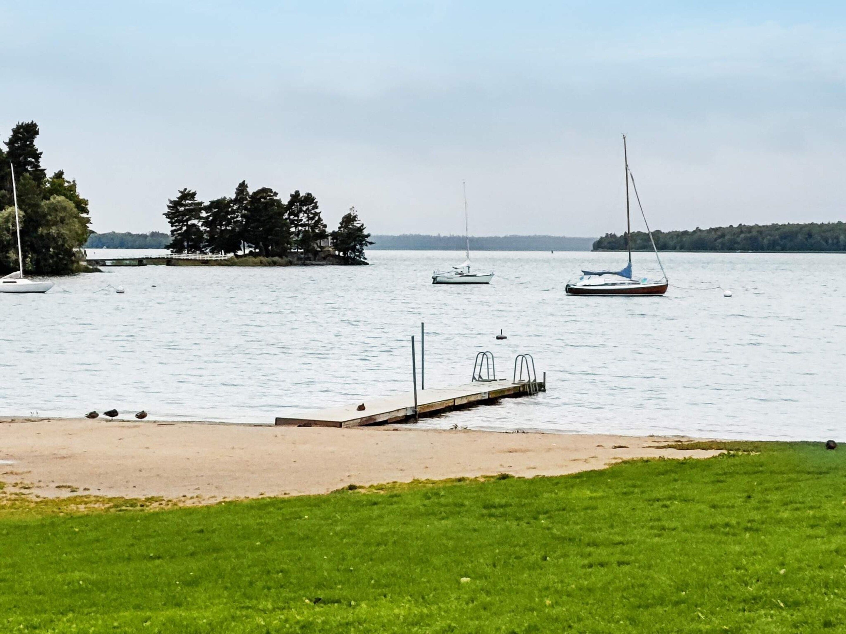 A calm lake with a dock extending into the water, surrounded by grassy areas and trees.