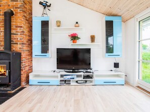 A living room with a TV, shelves, and a fireplace.
