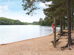 A sandy beach with a wooden bench and a red lifebuoy attached to a post.
