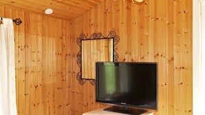 Une pièce aux murs en bois, avec un téléviseur posé sur un meuble, un rideau et un luminaire au plafond.