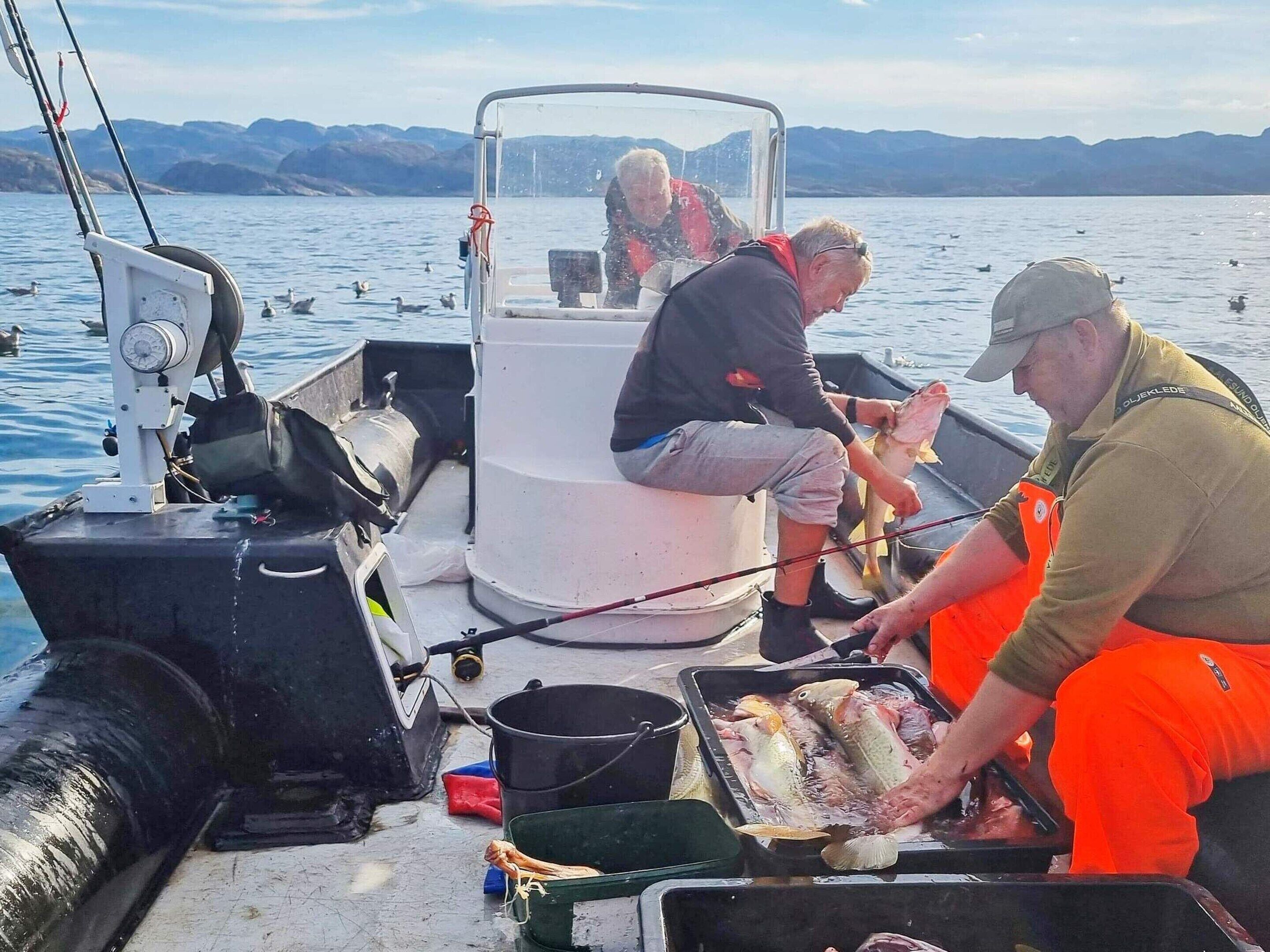 A boat with two people handling fish, a fishing rod, and a net.