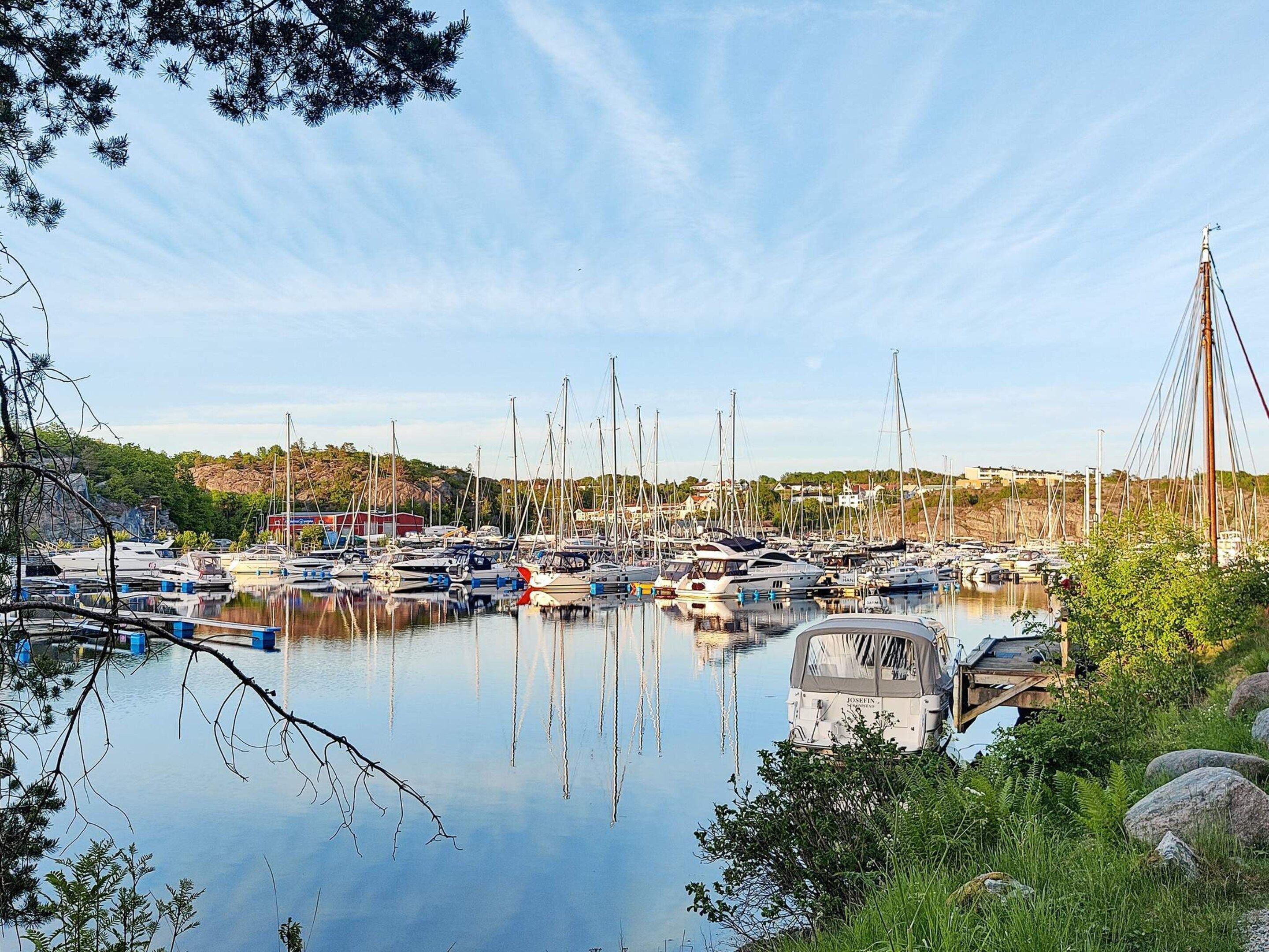 Un port de plaisance où sont amarrés de nombreux bateaux, avec une eau calme et un pont en arrière-plan.
