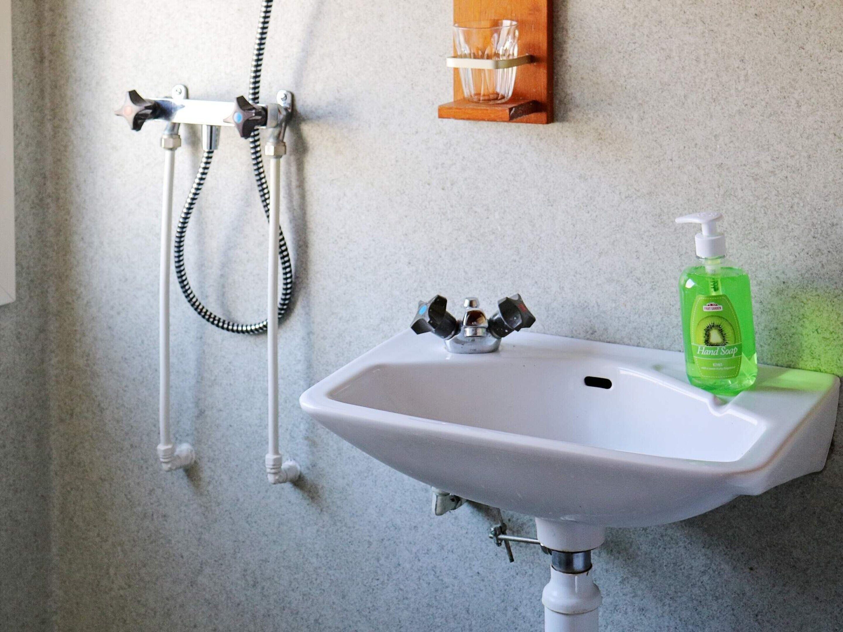 A bathroom with a white sink, a green hand soap dispenser, and a shower head with a hose.
