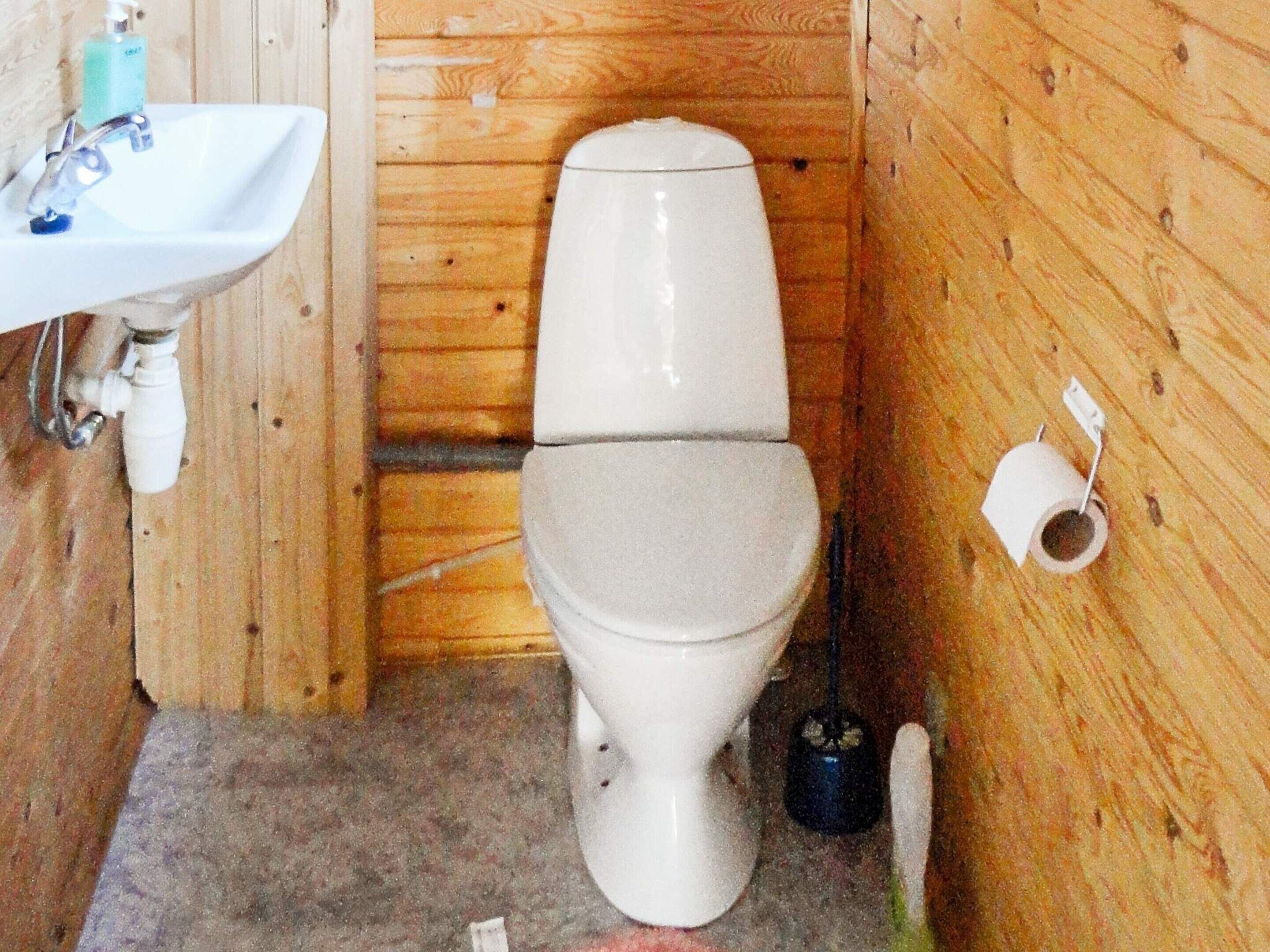 Een kleine houten badkamer met een wit toilet, een wastafel en een toiletrolhouder.