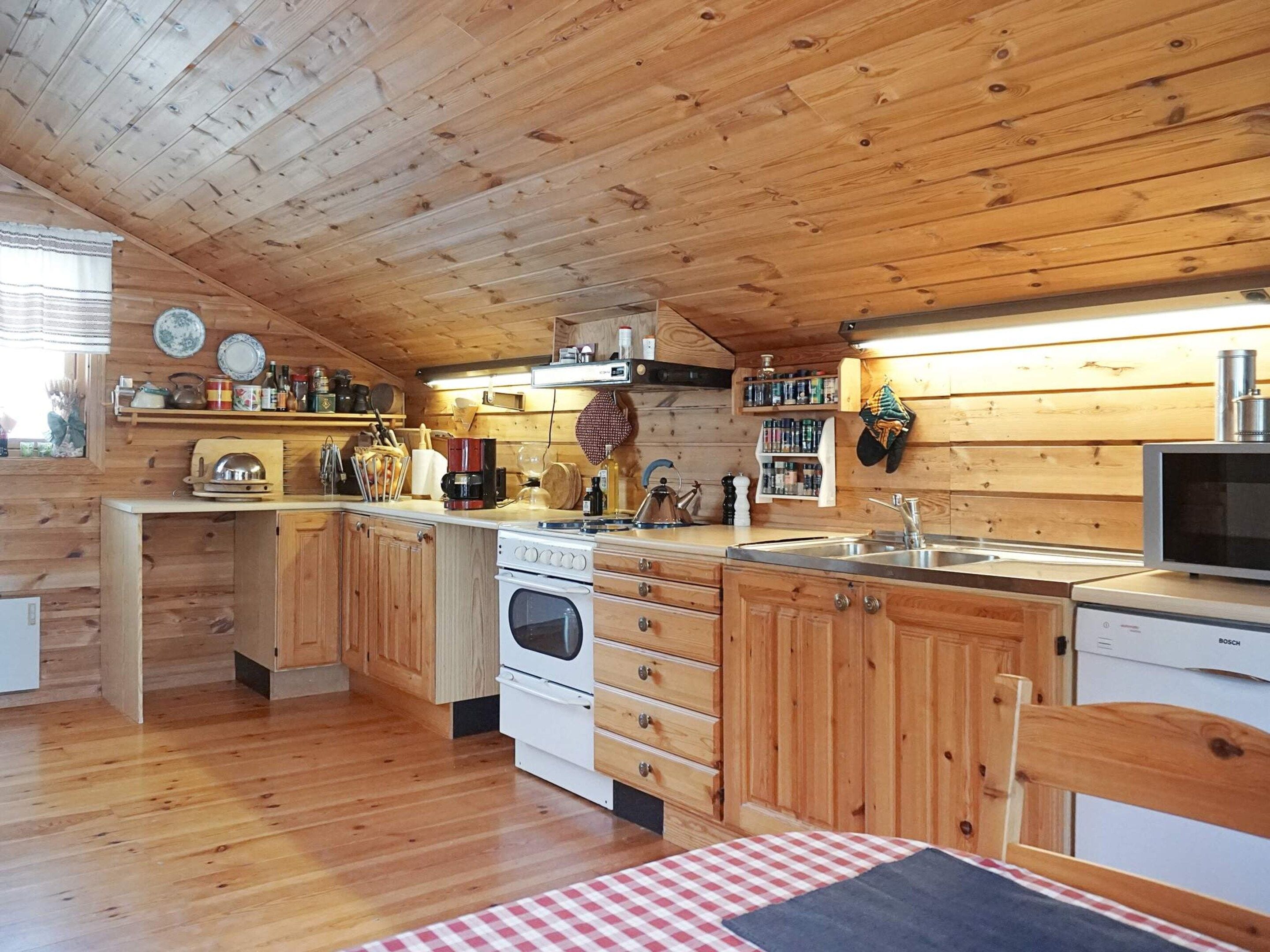 Cocina de cabaña de madera con estufa, lavamanos y armarios.