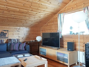 L’intérieur d’un chalet accueillant, avec un plafond en bois, un canapé agrémenté de coussins à motifs, un téléviseur posé sur un meuble en bois et une fenêtre avec des rideaux.