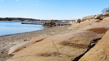 A rocky shoreline with a dock extending into calm water.