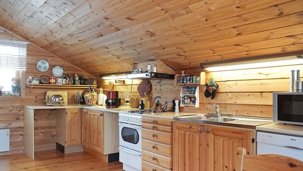 Un intérieur en bois avec un coin cuisine comprenant un poêle, un évier et des placards.