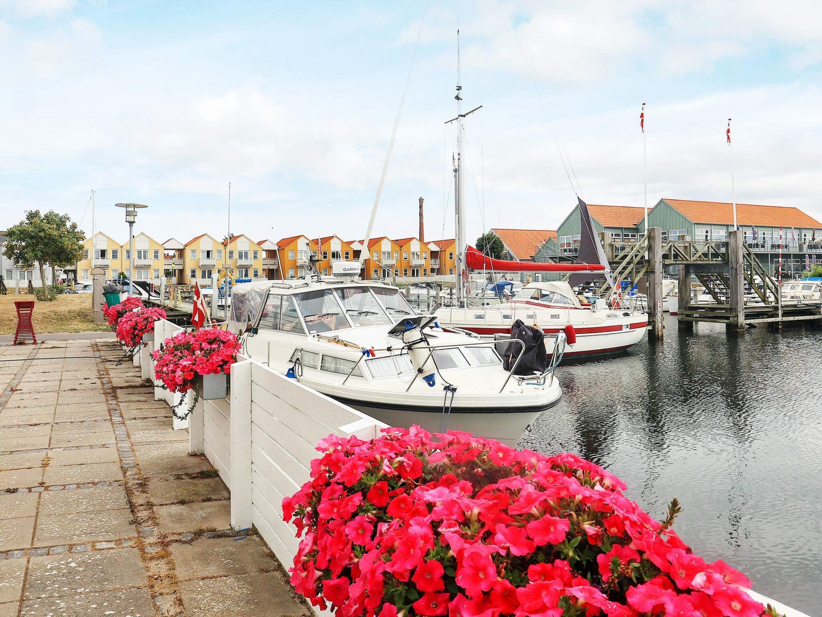 A marina with boats docked, a row of red flowers, and buildings with yellow and orange facades in the background.