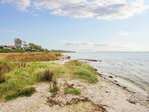 A coastal landscape with a sandy beach, grassy dunes, and a distant view of houses along the shoreline.
