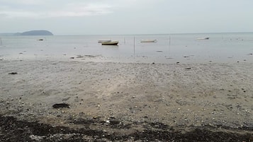 A beach with boats and a distant island.