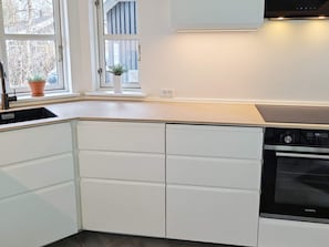 A kitchen with white cabinets, a built-in oven, and a window with a potted plant. - 5 Star Holiday Home in Graested (Graested)