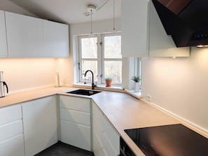 A modern kitchen with white cabinets, a black sink, and a window with potted plants. - 5 Star Holiday Home in Graested (Graested)
