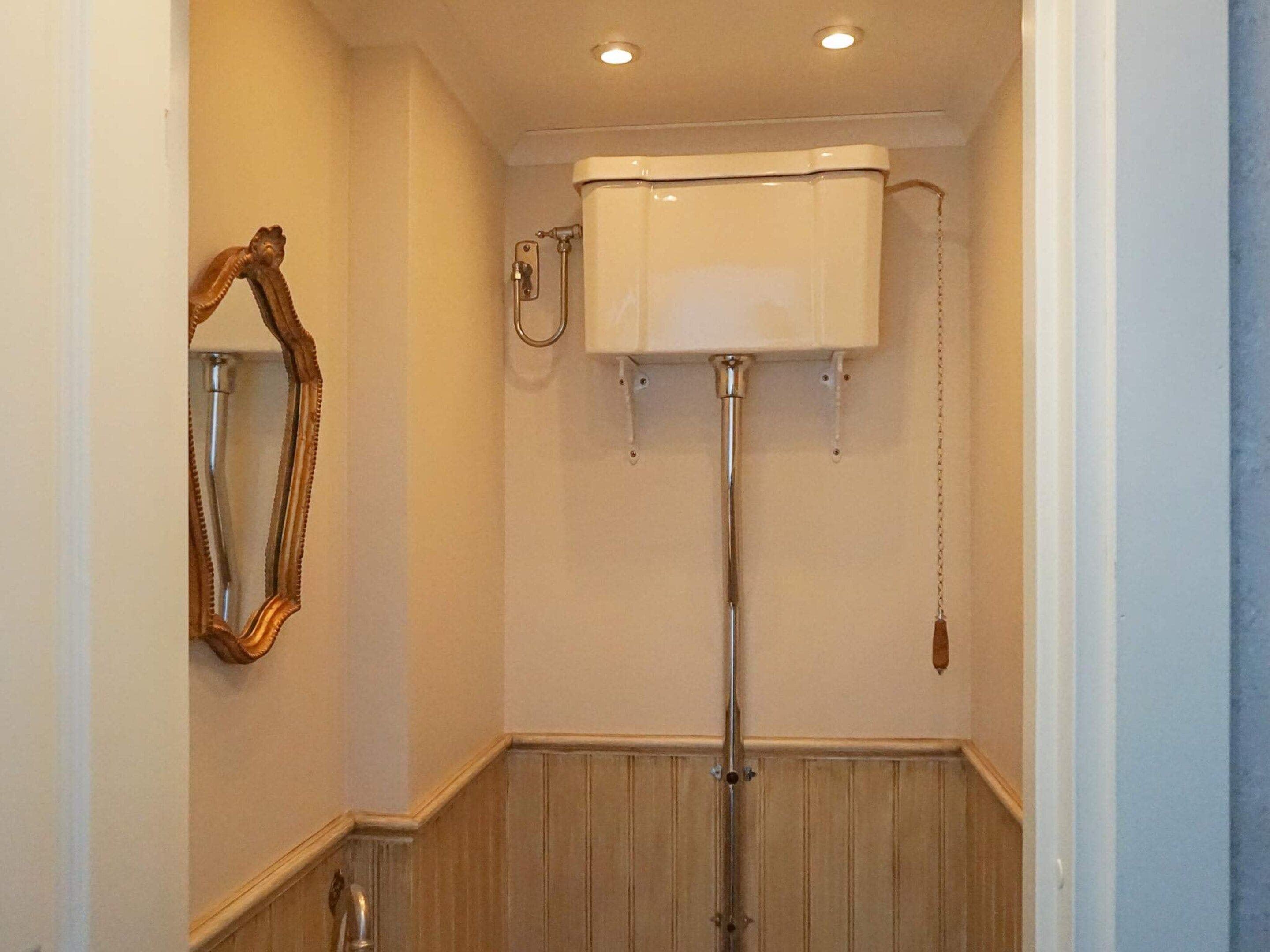A bathroom with a toilet, a mirror, and a wooden floor.
