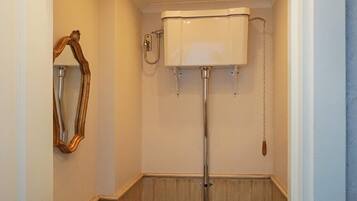 A bathroom with a toilet, a mirror, and a wooden floor.