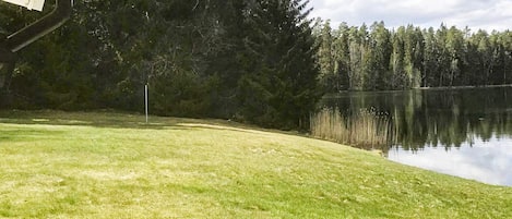 Une zone herbeuse avec une terrasse en bois et un lac entouré d’arbres.