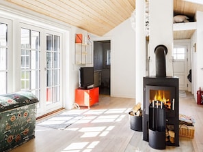 A living room with a fireplace, a television, and a sofa. - 4 Star Holiday Home in Nykobing Sj (Nykobing Sjaelland)