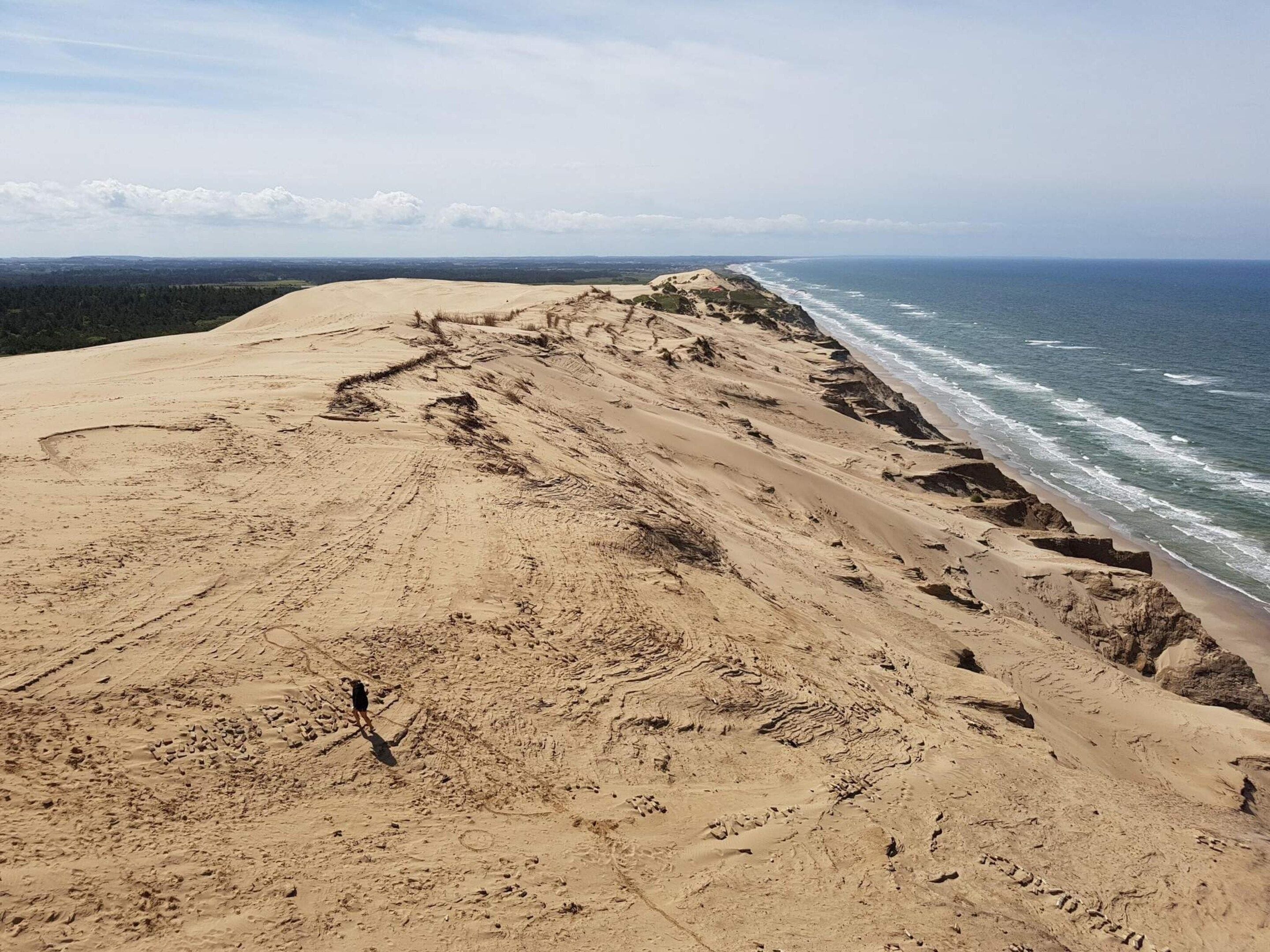 Una playa arenosa con vista despejada al océano y tierra a lo lejos.