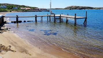 A pier extending into calm waters with a sandy beach in the foreground and houses in the background.