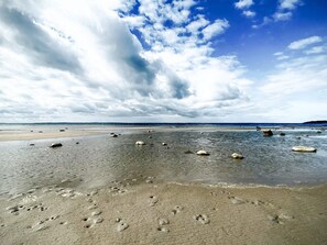 A beach with scattered rocks and footprints in the sand. - 4 Person Holiday Home in Jaegerspris (Jægerspris)