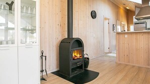 Un intérieur moderne avec un poêle à bois, des meubles avec des vitrines et un coin cuisine.