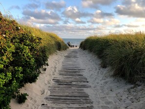 A wooden boardwalk leading to a beach with dunes on either side. - 4 Star Holiday Home in Blavand (Blavand)