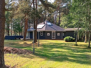 A house with a dark exterior, a sloped roof, and a small front porch.