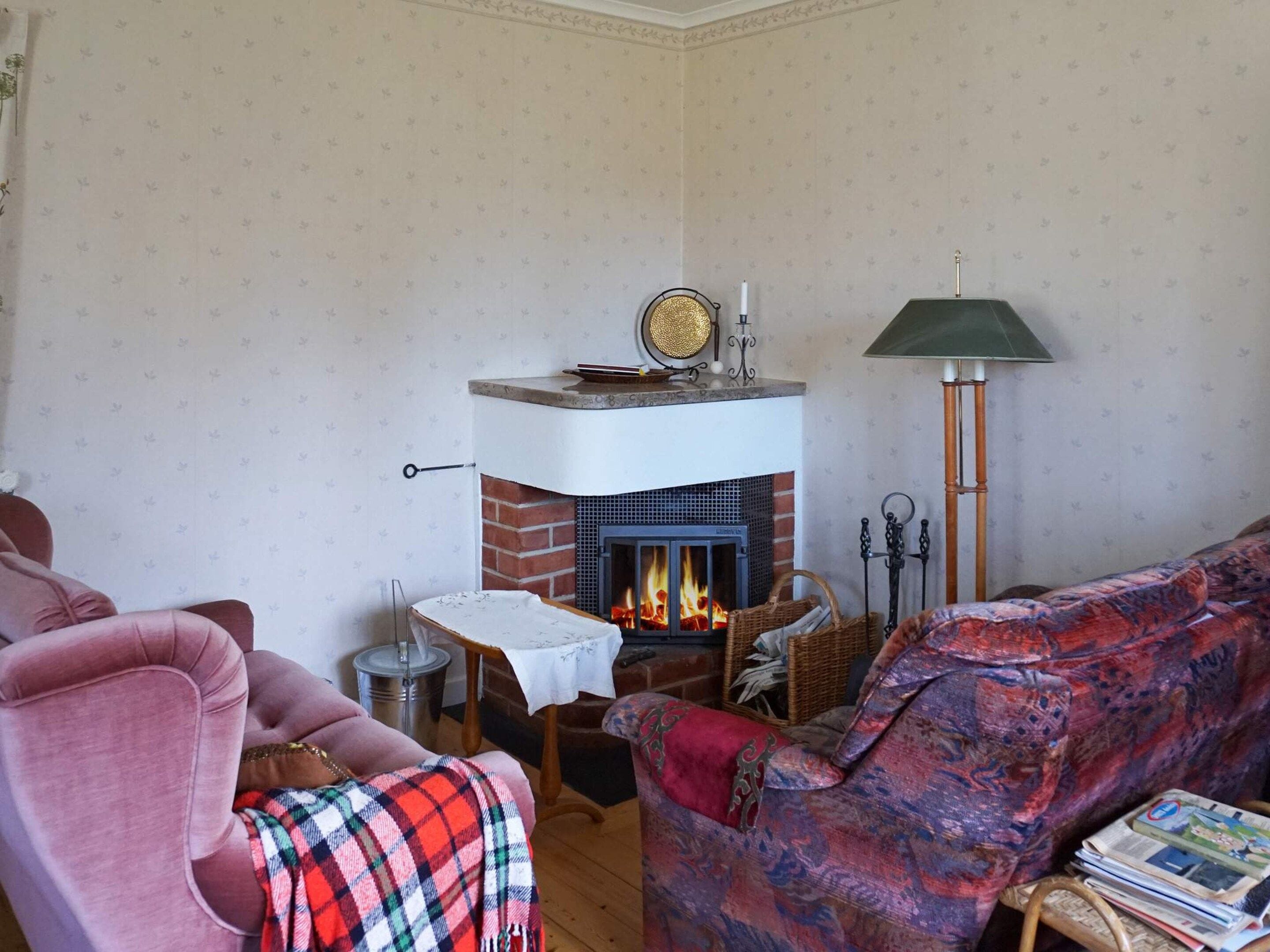 A living room with a fireplace, a pink armchair, a patterned sofa, and a floor lamp.